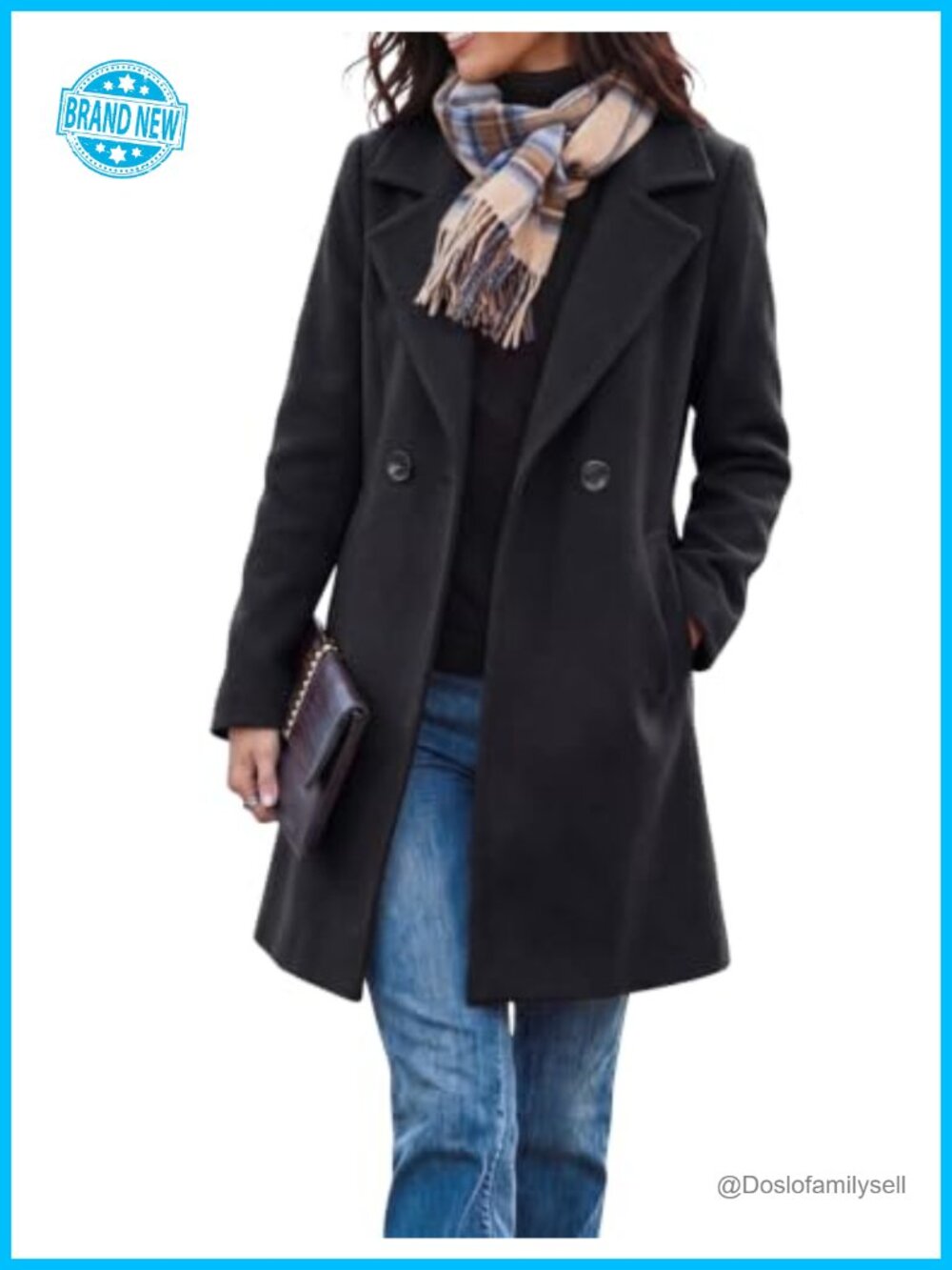 Womens Wool Blend Long Pea Coat Notch Lapel Double Breasted Slim Fit